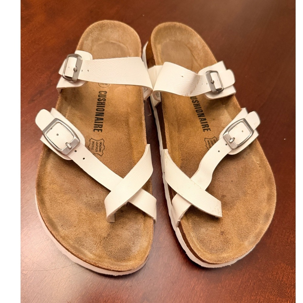 Cushionaire Luna White Cork Footbed Slide Sandals Women 10M Multi-Strap Toe Loop